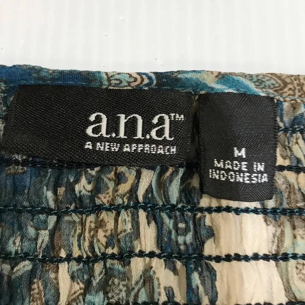 a.n.a. A New Approach Boho Blue Paisley Ruffle Semi Sheer Blouse M - Picture 7 of 9